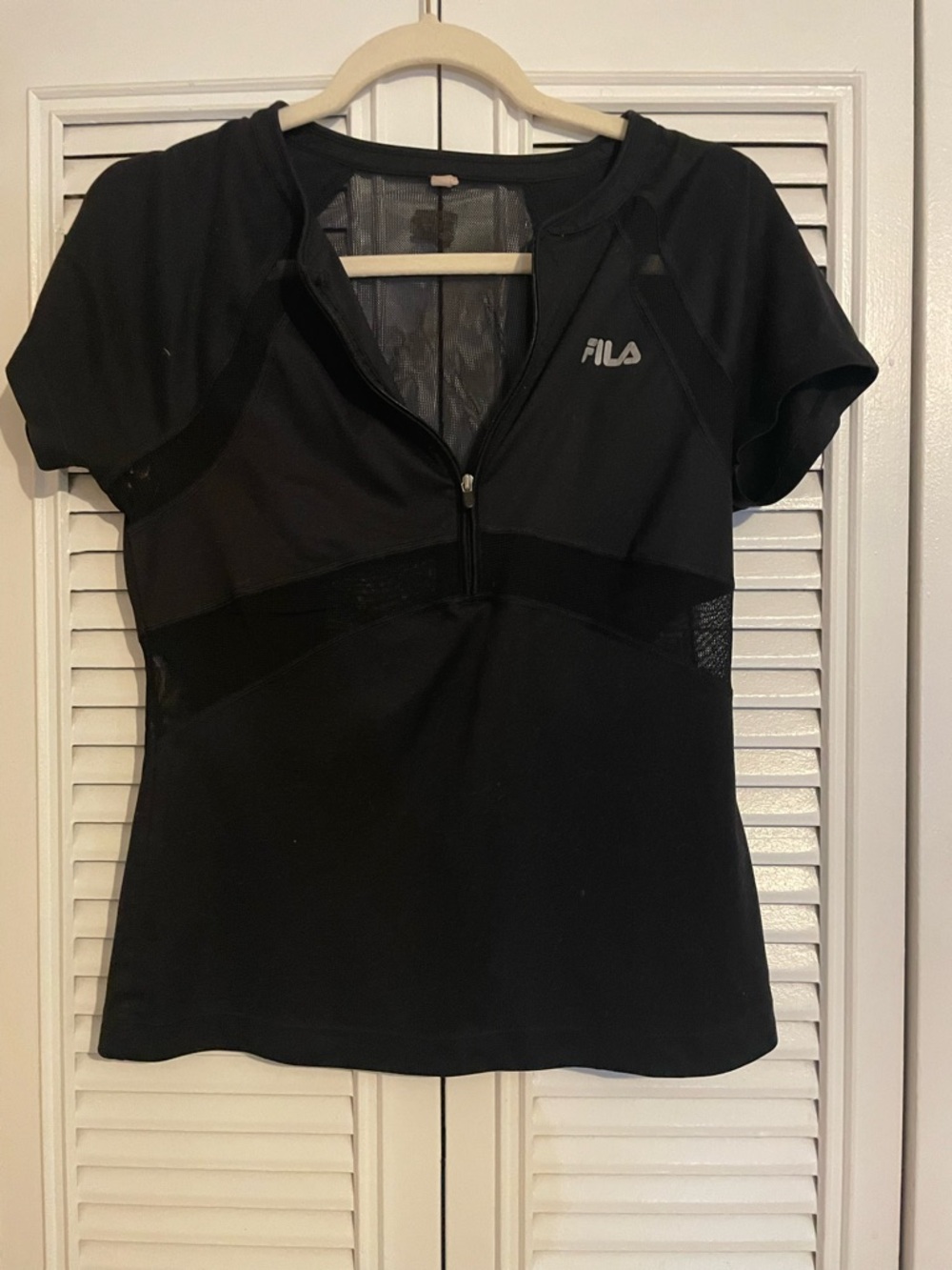 FILA Black Short-Sleeve Zip-Up Athletic Top with Mesh Panels